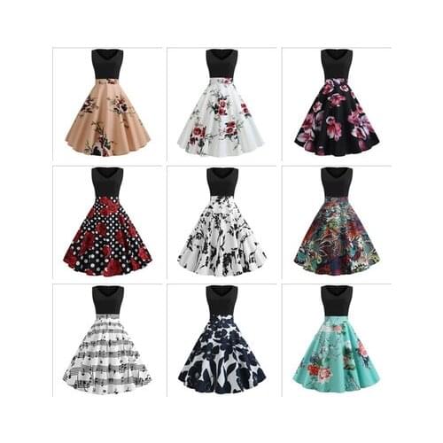 Womens Black V-neck Printed Sleeveless Big Swing Dress Fashion Harajuku Slim Fit Stitching Dress Lady Flower Street Style Dress