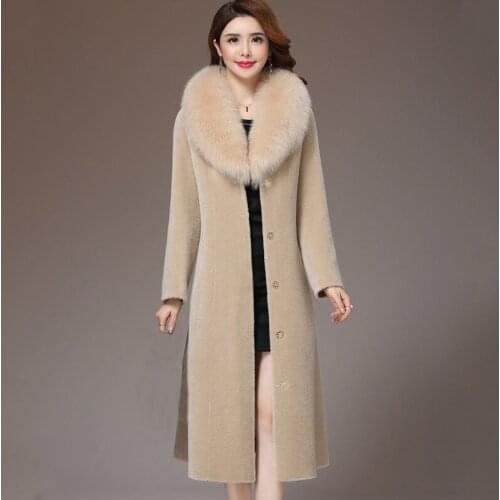 2020 Winter Fall New Womens Big Fur Collar Beige Black Wine Red Camel Lamb Fur Long Coat , Autumn Warm 4xl Overcoat for Women