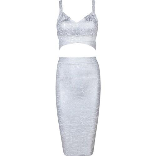 Women summer Sexy two Piece Bandage Dress spring Sliver Gold Bodycon Women Metallic Party Dress Night Club Wear Outfits