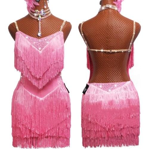 New Latin Dance Dress Lady Performance Dance Wear Girls Gatsby Dress Women Competition Costume Pink Fringe Dance Dress BL2555