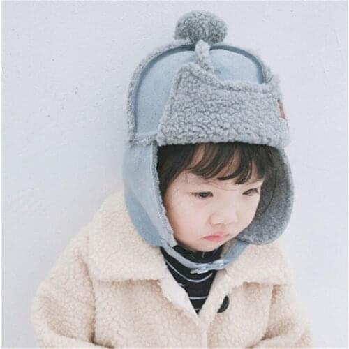 2019 Winter Plush Solid Pompom Cute Kids Children Bomber Hat Cap Thick Ear Warm Soft Boy Girl Fashion Accessories-QNC