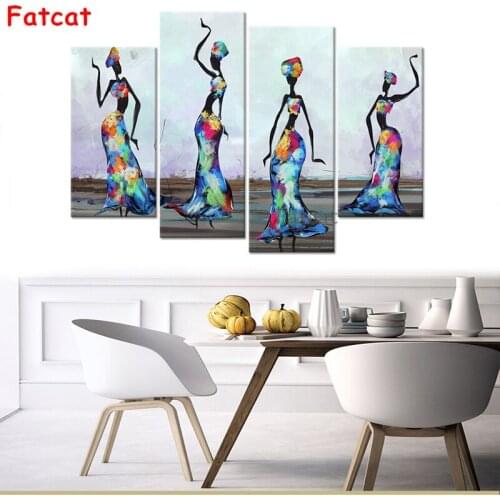 4 panels African diamond painting wall art traditional African female dancer abstract painting embroidery mosaic decor PP2368