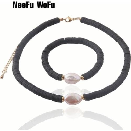 NeeFu WoFu Set Shokers Necklaces Freshwater Pearls Black Bohemian Chain For Women Nationality Stainless Steel Jewelry
