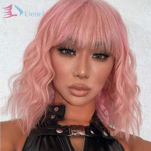 Uenel Long wavy Wig Pink Bob Wig with Air Bang Fluffy Curly Wavy Hair Wigs for Girl Synthetic Cosplay Party Wigs for Women