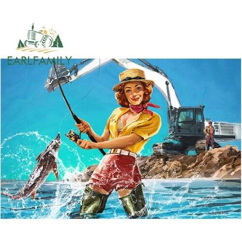 EARLFAMILY 13cm x 8.7cm Car Stickers Retro Catch On Fishing Pin Up Girl Decal Funny Car Styling Vinyl JDM Car Accessories