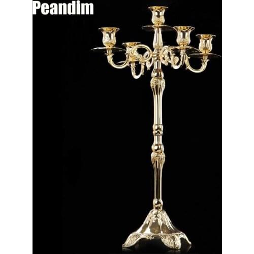 PEANDIM European 6PCS/LOT Wedding Decor Floor Candelabra 65cm Height Silver and Gold Candle Holder 5 Candles Strands Candlestick