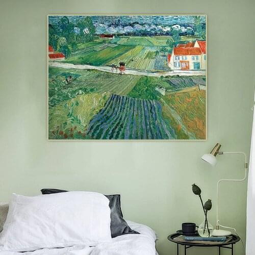 Van Gogh《Landschaft mit Pferdewagen und Zug im Hintergrund》Canvas Oil Painting Aesthetic Picture Hanging Decor Home Decoration