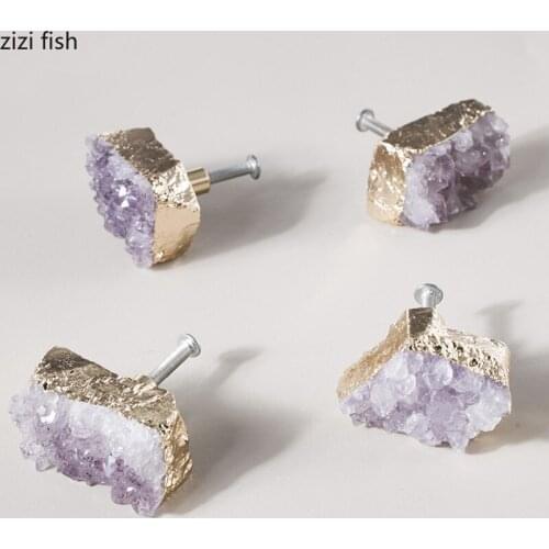 Northern Europe Brass Crystal Handle Purple Translucent Natural Crystal Door Knobs Handles Furniture Drawer Cabinet Door Handle