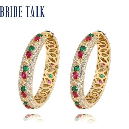 Bride Talk Fashion Colorful Indian Dubai Jewelry AAA Full CZ Zircon Retro Big Hoop Earrings Gold Color Luxury Gifts For Women