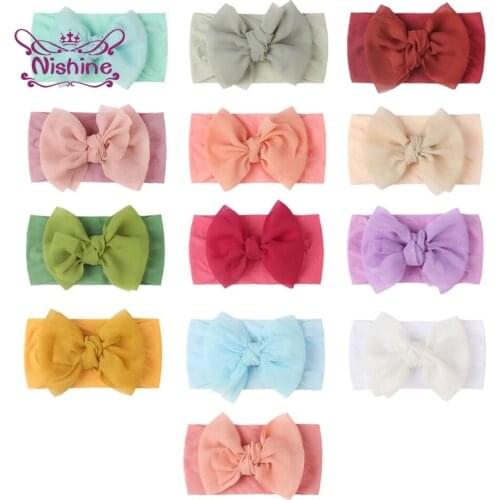 Nishine 18*9 CM Infant Comfortable Soft Nylon Hairband Double Layer Solid Color Handmade Bowknot Elastic Headband Baby Accessory