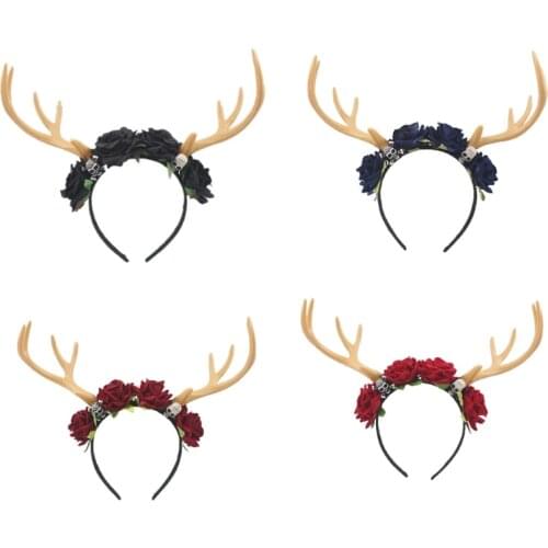 Halloween Hair Hoop Antler Headband Gothic Flower Skull Headdress Deer Horn Headbands Cosplay Hair Accessories