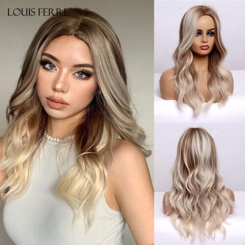 LOUIS FERRE Blonde Brown Highlight Wigs for Black Women Long Natural Wave Middle Part Cosplay Women Wig Heat Resistant Fibre