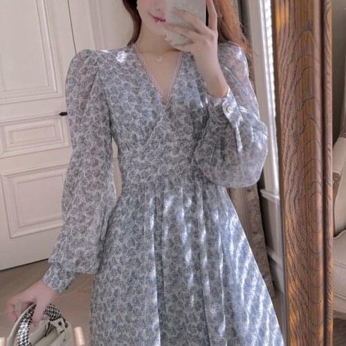 French Chiffon Fairy Dress Women Long Sleeve Floral Princess Dress for Females Beach Party Dress Sweet Office Lady 2021 Summer