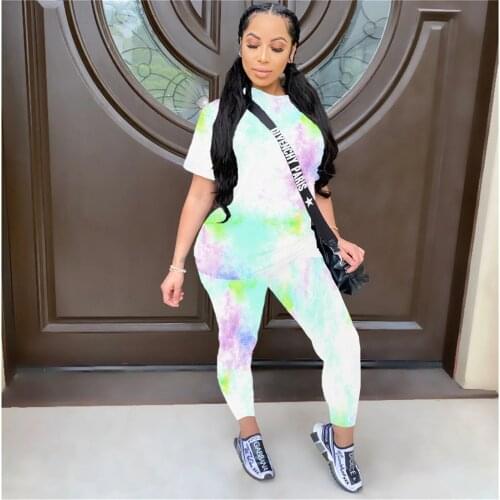 RMSFE 2021 Women Short Sleeve Round Neck Fashion Casual Tie Dye Printing Sports Two Piece Set