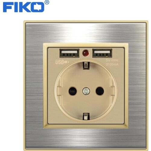 FIKO Black Dual USB Charging Port 5V 2.1A Wall Charger Adapter LED Indicator 16A EU Socket Power Outlet Stainless Steel Panel