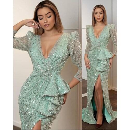 Sexy Mint green Sequined Prom Dresses High Side Split Formal Dress Full Sleeves Long Mermaid Prom Gown Abendkleider