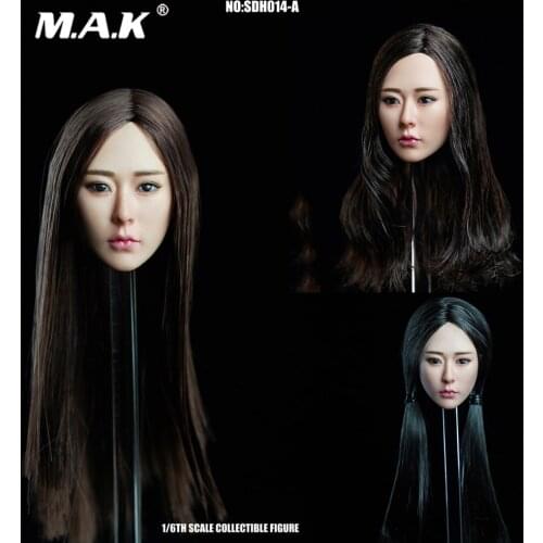 In Stock SDH014A/B/C 1/6 Scale Asian beauty Girl Head Carved Model with Long Plant Hair for 12'' female Suntan Seamless Body