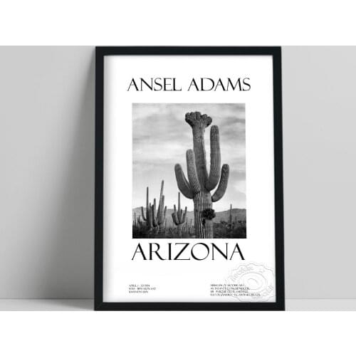 Ansel Adams Vintage Exhibition Poster, Arizona Saguaro Cactus Picture, Black White Plant Art Prints, Minimalist Wall Stickers
