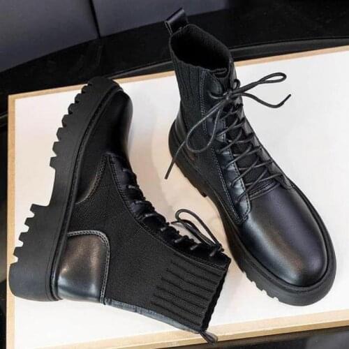 Platform Boots Women Shoes Woman Chelsea Sock Boots Round Leather Ankle Boots 2020 Winter Elastic Black Boots Comfortable Boots