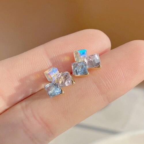 Ins Hot Sale Cubic Square Geometric Transparent Crystal Earring for Women AAA Bling Zirconia Feminia High Quality Stud Earrings