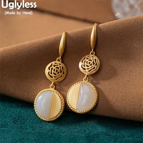 Uglyless Hollow Blooming Rose Flowers Earrings for Women Gold 925 Silver Floral Dress Jewelry Semicircle Agate Jade Brincos