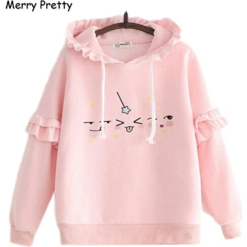Merry Pretty Women Cartoon Print Ruffles Patchwork Hoodies Sweatshirts 2020 Winter Long Sleeve Hooded Tracksuit Loose Pullovers