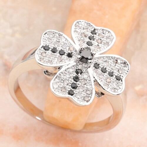 Flower Micro Inlays Black Tourmaline 3*3mm Semi-precious Stone Silver Cool For Women Ring Q2565