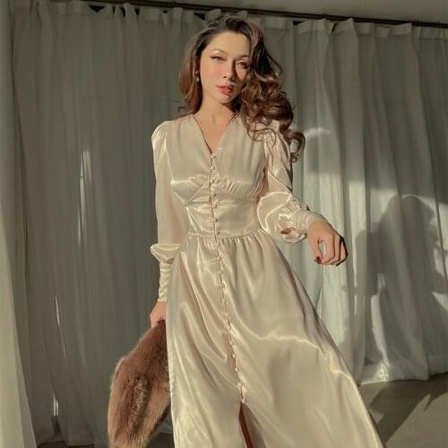 2021 New Spring Fashion French Style Elegant Vintage Collect Waist High Slit Long Dress Puff Sleeve Sexy V Neck Dress for Women