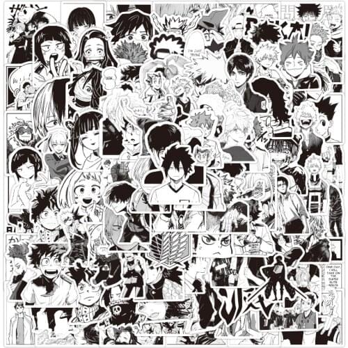100PCS Black White Anime Stickers Mixed Jujutsu Kaisen Attack on Titan Demon Slayer My Hero Academia For Kids Toy Sticker