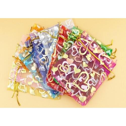 100PCS Sheer Organza Bags Drawstring Gift Bags Candy Bags Mesh,Love Floral Print Jewelry Pouches For Wedding Favor Christmas