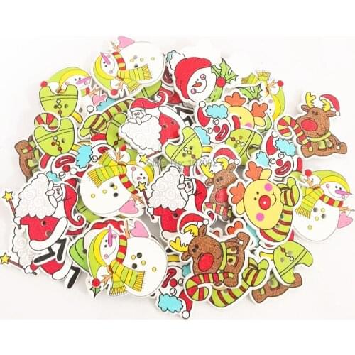 100pcs Randomly Mixed Wood Christmas Buttons Sewing 2 Holes Xmas Santa Reindeer Holly Button 25-30mm Embellishments Scrapbooking