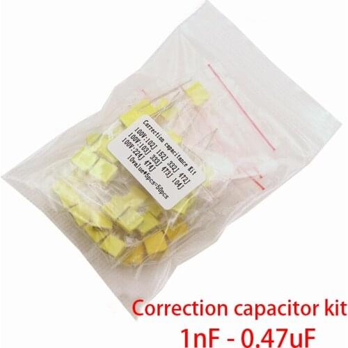 50pcs Correction capacitor kit 10 Value Polypropylene Safety Plastic Film Capacitor Kit 100V 1nF - 0.47uF