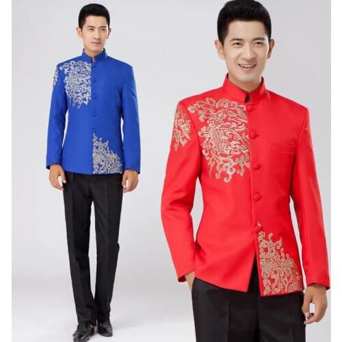 White black red blue embroidered men chinese tunic suit set slim with pants mens suits wedding groom formal dress costume