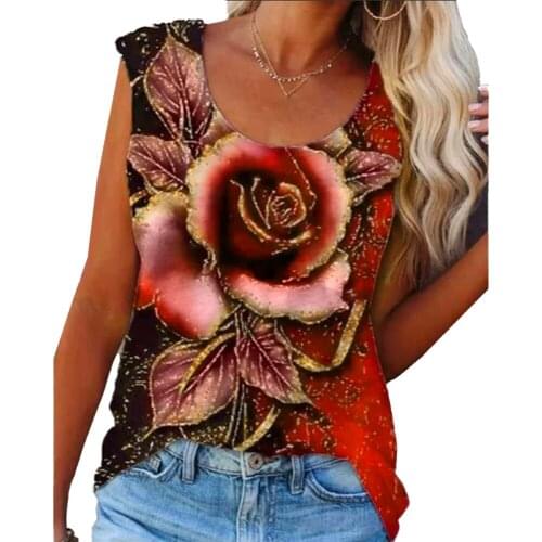 Summer Women O Neck Floral Printed Tank Top Casual Loose Rose Sleeveless Tops Fashion Sexy Tee Pullover Plus Size Vest Top
