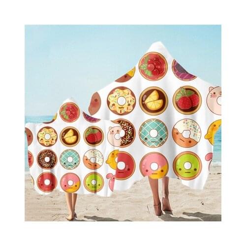 Cute Gourmet Print Microfiber Beach Poncho Towel Quick Drying Wearable Bath Towels With Hooded For Adult Kids Cape Blanket