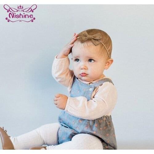Nishine Fashion Handmade Bowknot Elastic Traceless Hairband Infant Solid Color Knitting Wool Bows Headband Kids Hair Accessories