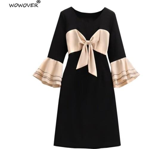 Fashion Autumn Women Dresses Elegant Flare Sleeve Bowknot Patchwork Black Vestido Casual Robe Grande Taille