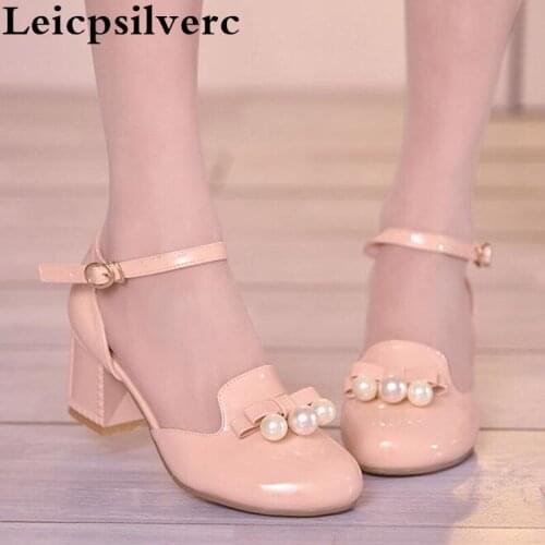 Spring new round lacquer sweet bow women shoes simple and comfortable heel shoes