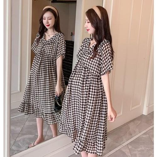 6184# Maternity Dress Summer Short Sleeve fashionable Plaid Easy Matching Loose Stylish Dress for Pregnant Women Mom Dress