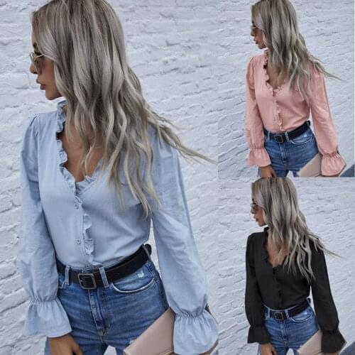 Womens Shirts Pure Black Bouses Office Ladies V Neck Ruffle Sleeve Button Up Top Women Clothing Femme Blusas Y Camisas Y2K Tops