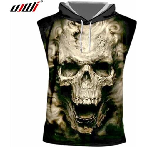 UJWI Summer Fashion 3d Print Horrible Skull Sleeveless Hooded T-shirts Men Hip Hop Streetwear O Neck Drawstring Hoodies Tshirt