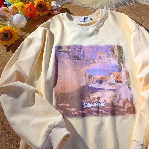 Harajuku Vintage Aesthetic Painting Sweatshirt Women O-neck Long Sleeve Tops Apricot Blue Teens Clothes 2021 New Winter Fashion