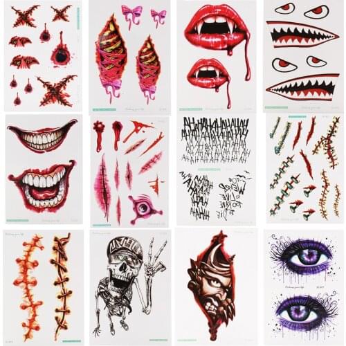 Waterproof Temporary Horror Scary Bloody Scar Skeleton Mouth Bleeding Tattoo Sticker For Body Art Makeup Halloween Party Supply