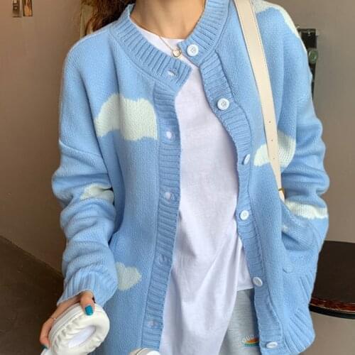 Knitted Female Cardigan Cute Print Clouds O Neck Loose Casual Lady Long Sleeve Knitted Cardigan Women Jacket Blue White