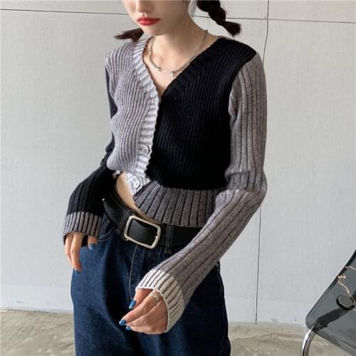 Vintage Short Womens Cardigan Knitted Sweater Long Sleeve Contrasting Color V-Neck Personalized Jacket Female Spring Autumn