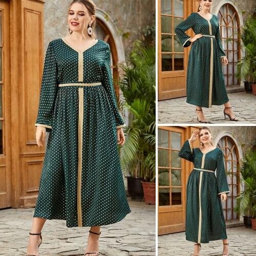 Plus Size Muslim Women Polka Dot Long Dress Arab Abaya Islamic Clothing Middle East Ramadan V-neck Ramadan Long Dress Ethnic New