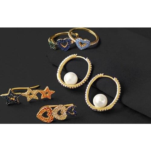 S925 Sterling Silver Colorful Love Five-pointed Star Pearl Earrings Star Ring Female Personality Fashion Luxury Monaco Jewelry