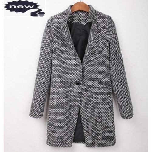 Winter Women Plaid Office Lady Wool Blends Lapel Collar One Button Coat Female Classic Overcoat Large Size 4XL Long Jacket