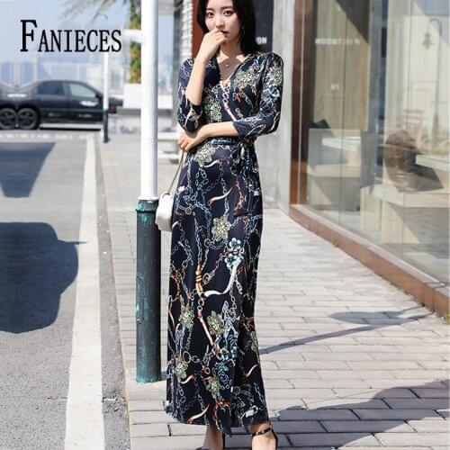 Retro print sashes dress women Split bohemian maxi dress fashion Long sleeve summer beach dresses Robe femme dropshipping