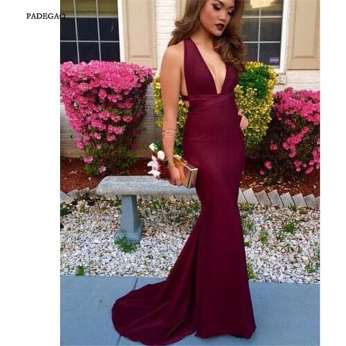 Hot Sale Red Evening Dresses Mermaid Halter Party Dress Sexy Deep V Neck Open Back Sweep Train Evening Dress For Woman
